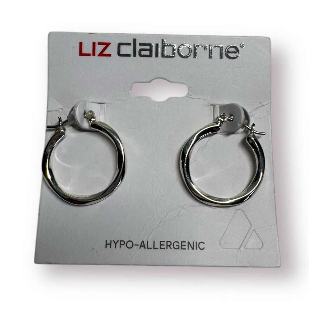 Liz‎ Claiborne Earrings Silver Tone Hoops Modern Minimalistic BNWT
